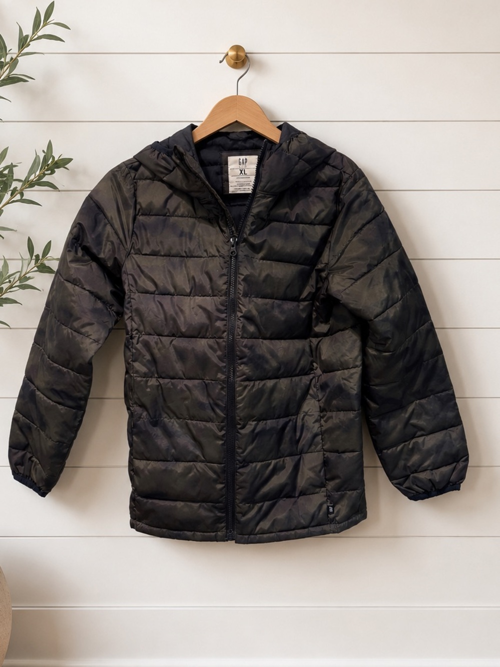 🖤 GAP Kids ColdControl Camo Puffer Jacket XL Hooded Black Excellent Condition